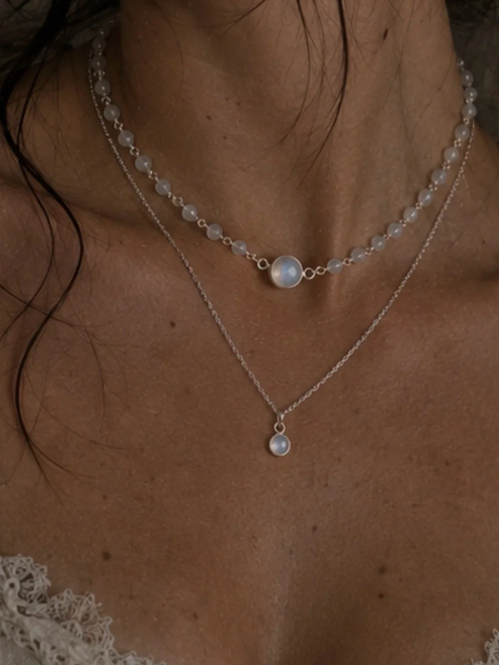 Handmade Moonstone Layered Necklace Set Sterling Silver Choker